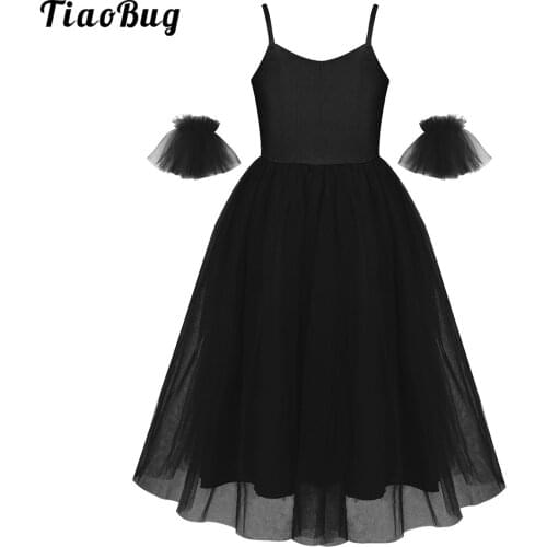 TiaoBug Kids Girls Spaghetti Shoulder Straps Romantic Style Ballet Dance Mesh Long Dress With Ruffled Arm Sleeves