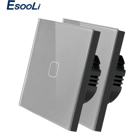 Esooli EU Touch Switch 1/2 Gang 1 Way,Wall Light Touch Screen Switch,Gray Crystal Glass Switch Panel, 2 pcs/ pack