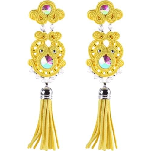 Ethnic Leather Tassel Womens earrings Soutache Jewelry Handmade Weaving long Drop Earring yellow black Rhinestone 2020 trend
