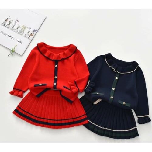 FOCUSNORM Fashion Princess Kids Girls Clothes Sets 2-8Y Solid Knit Peter Pan Collar Long Sleeve Sweater Tops Skirts 2 Colors