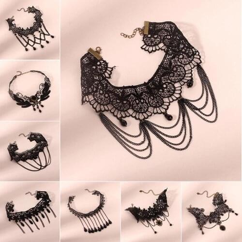 Gothic Lolita Black Lace short chain Choker Sexy Tassels Necklace Hollow out Big Rose Flower Punk Handmade Wedding Jewelry gift