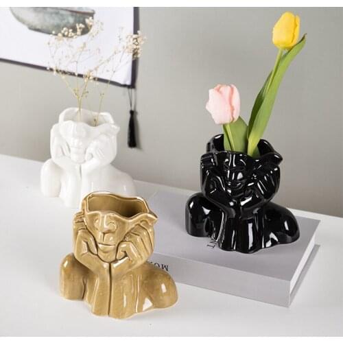 Nordic Style Ceramic Human Face Flower Vase Ornaments Creative Abstract Human Head Dried Flower Vase Home Decoration Accessories