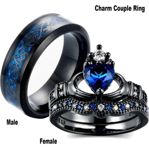 Fashion Couple Ring Blue Zircon Men Stainless Steel Ring Women Wedding Band Bridal Jewelry Valentine Day Gift
