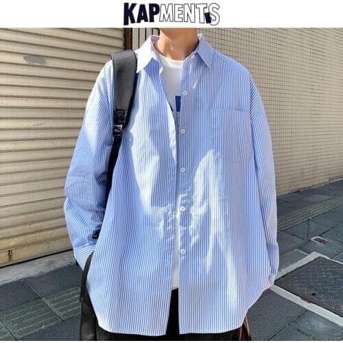 KAPMENTS Men Harajuku Long Sleeve Striped Shirts 2021 Spring Mens Korean Fashions Botton Up Vintage Shirt Male Oversized Clothes
