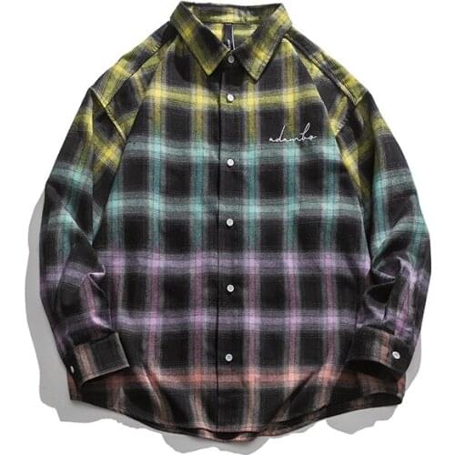 2021 New Arrival Fashion Color Patchwork Letters Embroidery Mens Plaid Shirts Autumn Casual Long-Sleeves Top Streetwear