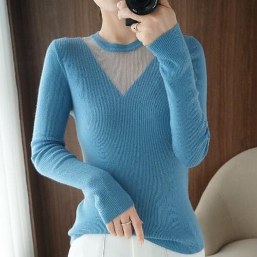 New Fashion Autumn and Winter Women Pure Wool Sweater O-neck Hollow Out Cashmere Pullover Slim Warm Knitted Base Sweater