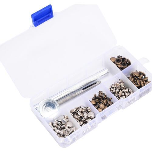 New 1 Set Silver/Bronze Double Sided Rivet Buckle Leather Repairing Rivets Tubular Metal Single with Fixing Tool Storage Box Kit