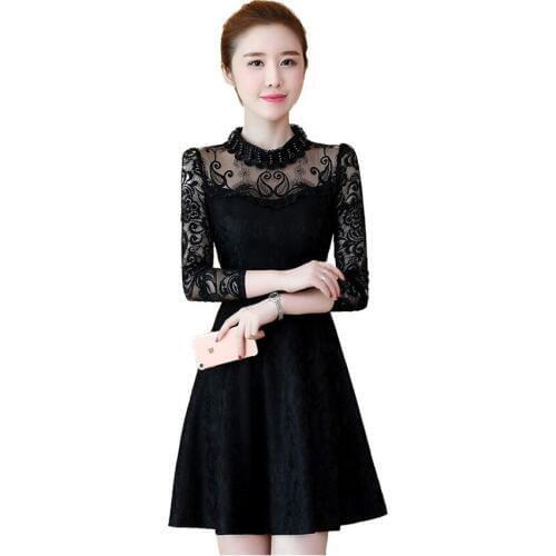 2018 New Spring Women Long Sleeve Lace Dresses Slim Hollow Out A-line Dress Sexy Club Dress Lady Autumn Bottomings PulloverWZ165