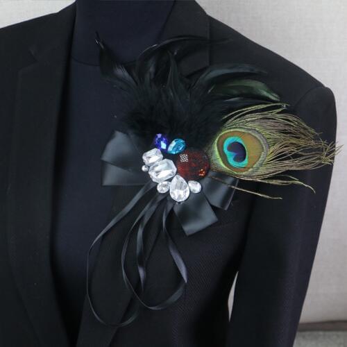 Punk Rhinestone Peacock Feather Boutonniere Clips Collar Brooch Pin Wedding Bussiness Suits Banquet Brooch Flower Corsage Singer