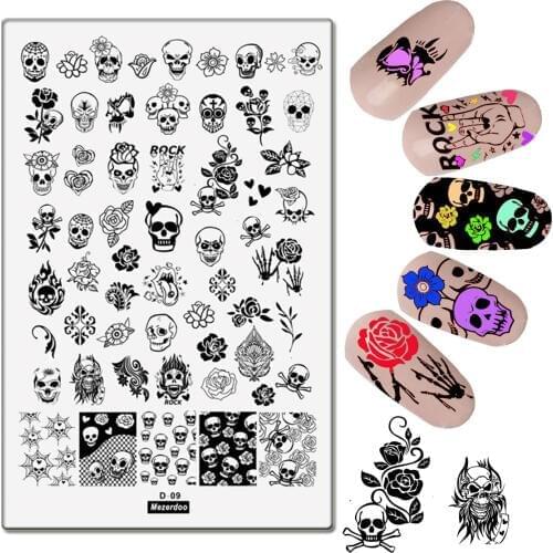 Skull Bone Nail Stamping Plates Rose Death Beauty Image Steel Template Nail Art Stamp Template Halloween Manicure Stencil Tool
