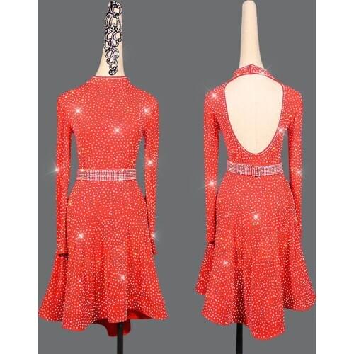 Latin Dance Dress Sexy long sleeves luxurious Full drill Skirts Shiny Rhinestones Competition Performance Practice Wear Dresses