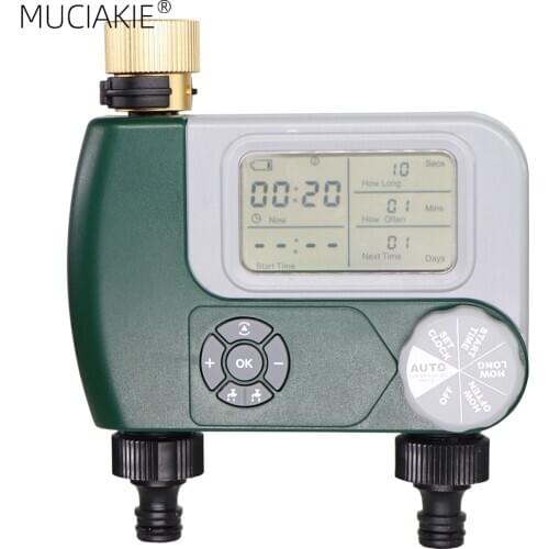 MUCIAKIE Garden Programmable 2-Outlet Timer Brass 3/4'' Female Inlet Hose Faucet Water Irrigation Controller System Sprinkler