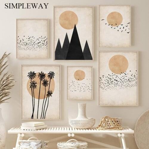 Scandinavian Moon Birds Canvas Painting Vintage Abstract Landscape Poster Simplicity Print Nordic Wall Art Picture Home Decor
