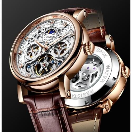 TEVISE Mechanical Watch Men Top Brand Luxury Business Automatic Watch Leather Waterproof Moon Phase Wristwatch relogio masculino