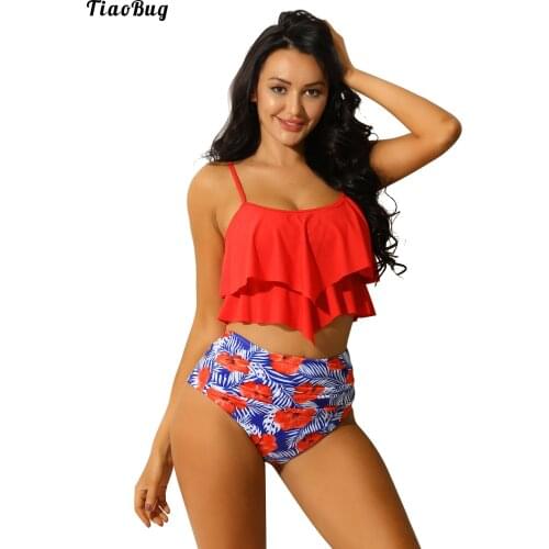 TiaoBug Women Summer Floral Print Tankini Swimsuits Ruffled Tummy Control Top Bikini Triangle 2Pcs Bathing Suits Swimwear