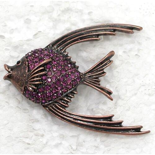 Antique copper Brooch Purple Rhinestone Fish Pin brooches C521 D3