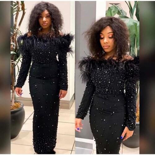 Vintage Off the Shoulder Sweetheart Beaded Pearls Long Sleeve Feather Sheath Slit Black Formal Evening Dresses