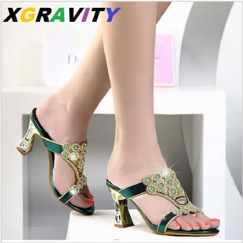 XGRAVITY New Top Qualtiy Fashion Thin Heel Slippers Elegant Comfortable Womens Party Shoes Rhinestone Sexy Shoes Lady Slides