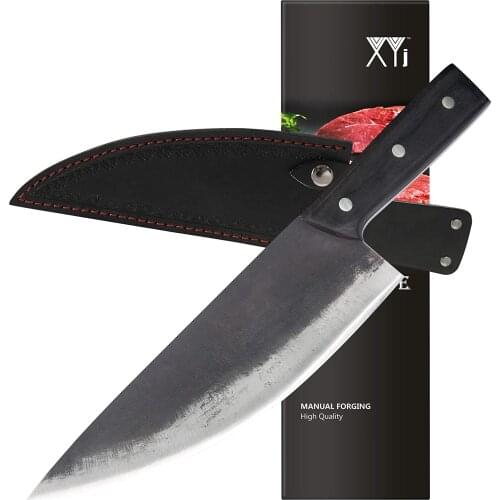 XYJ Full Tang 8 inch Hand Forged Chef Knife Meat Cleaver Razor Sharp Kitchen Knife with Leather Sheath Camping Vegetable Knives