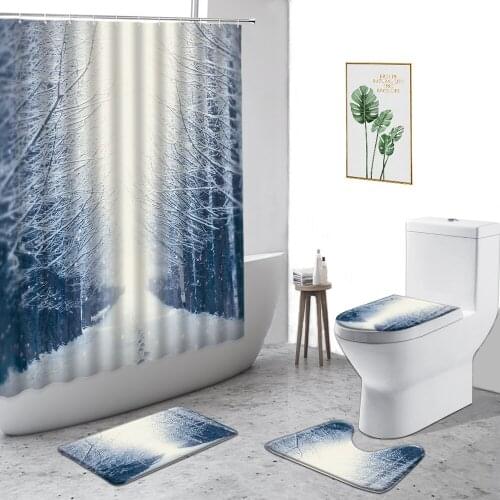 3D Snow Scenery Shower Curtain Winter Forest Natural Landscape Bathroom Decor Curtains Set Flannel Non-Slip Carpet Toilet Cover