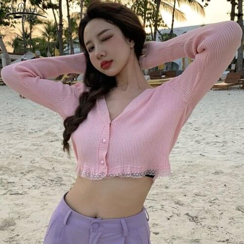 Sexy V Neck T Shirts Women Lace Patchwork Knitted Long Sleeve Shirt Summer 2021 Fashion Korean Slim Ladies Tees 10373