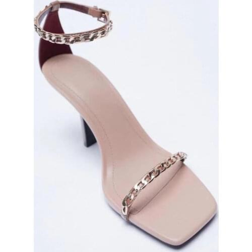ZAR 2021 Summer New Pink Fashion Metal Chain Square Toe High Heels Sexy Outer Wear Stiletto Muller Sandals Party Shoes Women Hot