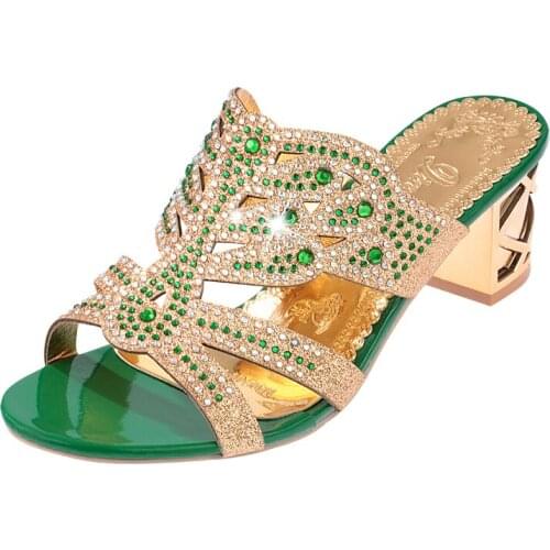 2020 Summer Womens Rhinestones Slippers Slides Fashion Thick High Heels Gladiator Sandals Beach Flip Flops Shoes Woman