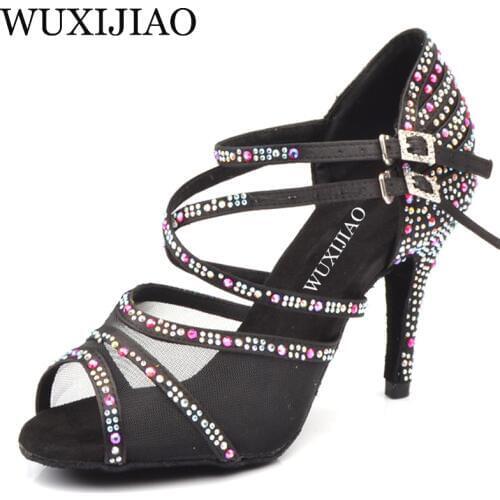 WUXIJIAO Dance Shoes Women Salsa Sneakers Dance Shoes Satin and Net Comfortable Ballroom Dance Shoes Brown Red Apricot Black