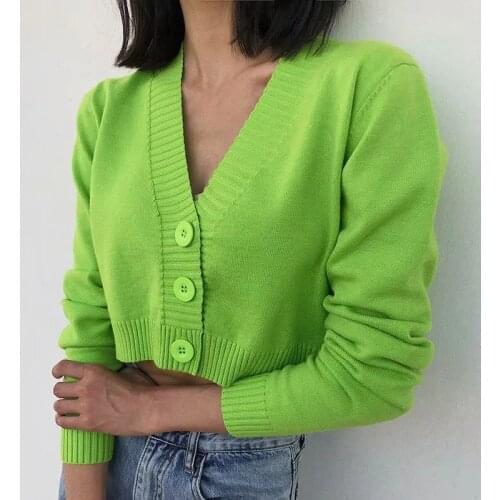 Womens 2020 Autumn And Winter New V-neck Single Breasted Short Knitted Cardigan Candy Color Cardigan Coat Wn