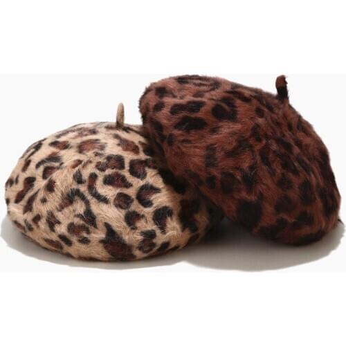 Women Thickening warm rabbit fur beret cap Elegant european leopard printed pumpkin artist hats gorros