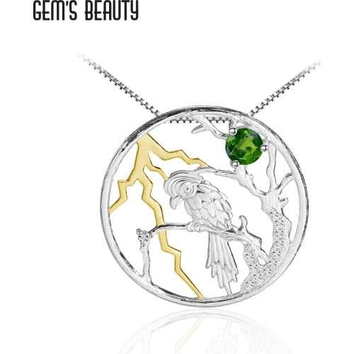GEMS BEAUTY 925 Sterling Silver Necklace For Women Rattan Bird Natural Chrome Diopside Round Handmade Pendant Are Romantic Gift