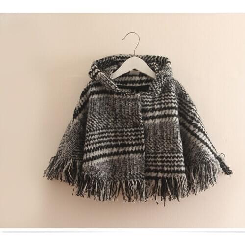 2021 Baby Girls Tessel Winter Clothes New Cute Plaid Coat Outerwear Cloak Cartoon Children Jacket Coat Kids Clothes