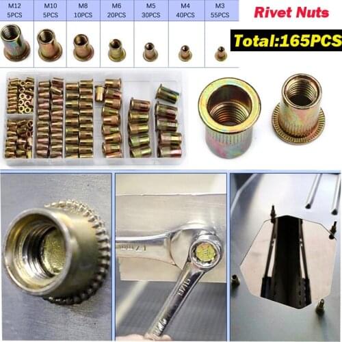 165pcs/set Mixed Zinc Plated Carbon Steel Rivet Nut Threaded Rivnuts Insert M3 M4 M5 M6 M8 M10 M12 Flat Head Threaded Insert Kit