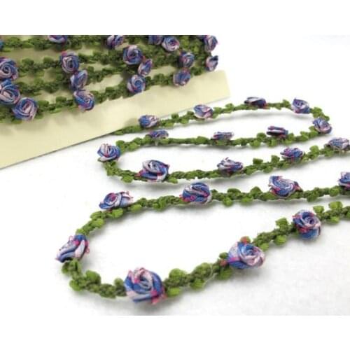 2 Yards Woven Rococo Ribbon Trim with Blue and Purple Rose Flower Buds|Decorative Floral Ribbon|Scrapbook Materials|Decor