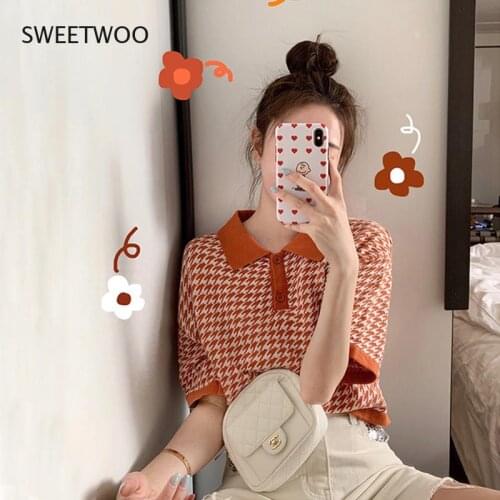 2021 Summer Short-Sleeved T-Shirt Women Retro Short Orange Blue Plaid Short-Sleeved Sweater Women Polo Lapel Pullover Top