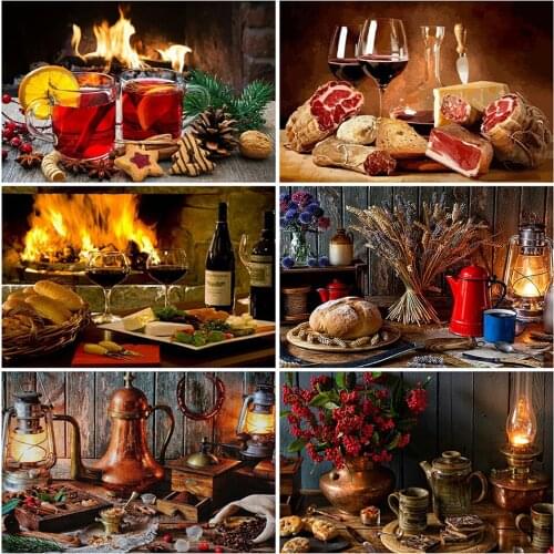 Diy 5d Full Diamond Painting Embroidery Square Round Drill Lunch Bread Meat Red Wine Mosaic Furniture Decoration Hobby Gift