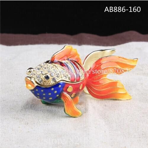 Free Shipping Beautiful Metal Ocean Fish Shaped Bejewed Enamel Trinket Box For Wedding Gifts Gold Fish Trinket Box