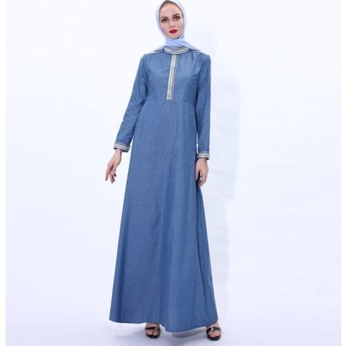Dubai Robe Womens Blue Denim Arab Muslim Fashion Embroidered Maxi Islamic Kaftan Dress Dubai Robe