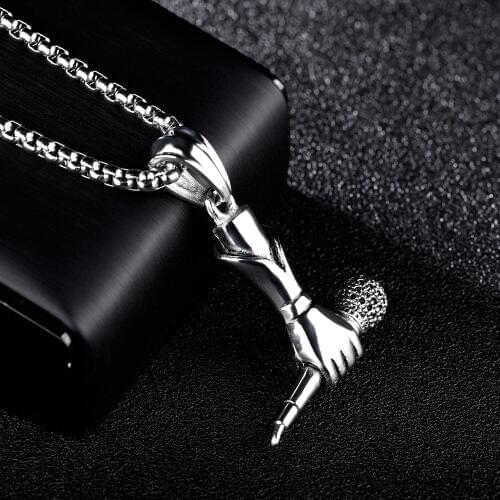 Hip Hop Music Microphone Tag Charms Stainless Steel Mens Pendants Necklaces 24" Chain Hand Microphone Necklace Set Men