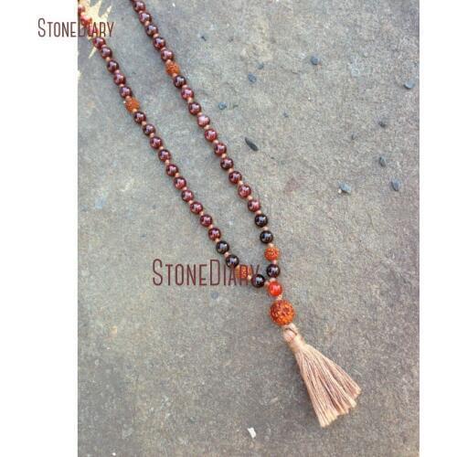 January Birthstone Love Red Meditation Yoga Prayer Beads Hand Knotted Garnet & Rudraksha 108 Bead Mala Necklace NM10981