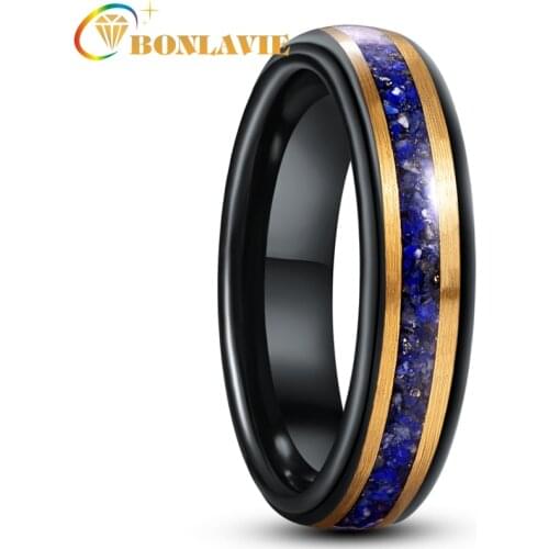 BONLAVIE 6mm Black Gold Inlaid Lapis Lazuli Tungsten Carbide Ring Mens Women Fashion Wedding Jewelry Best Gift