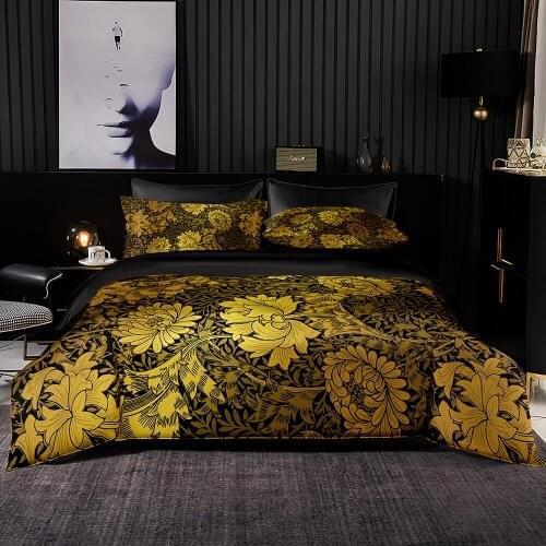 Golden Chrysanthemum Pattern Duvet Cover Set With Pillowcase,US 264 x228 Quilt Cover,AU 245×210 Blanket Cover,Luxury Bedding Set