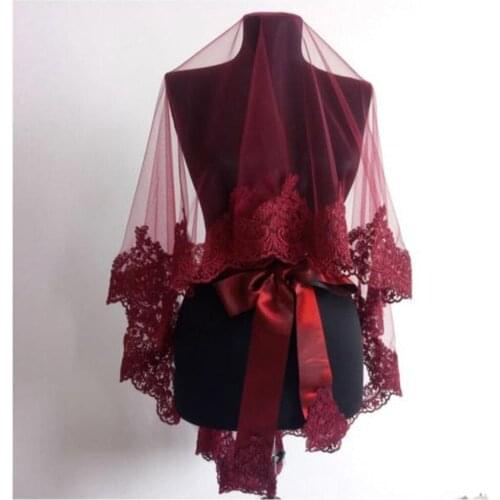 Bride Veil Set Wedding Casual Dating Henna Night Accessory Elegant Lace Guipure Burgundy Red Color Women Groom English Pieces