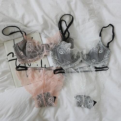 Feminine lace ultra-thin bra panties set soft texture big breasts small rims lingerie women large size cotton-free underwear