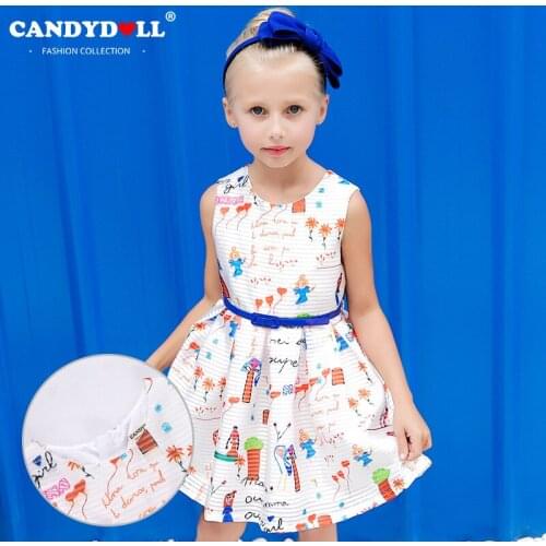 CANDYDOLL Summer childrens wear cartoon printed childrens dress sleeveless lovely girl princess dress with belt