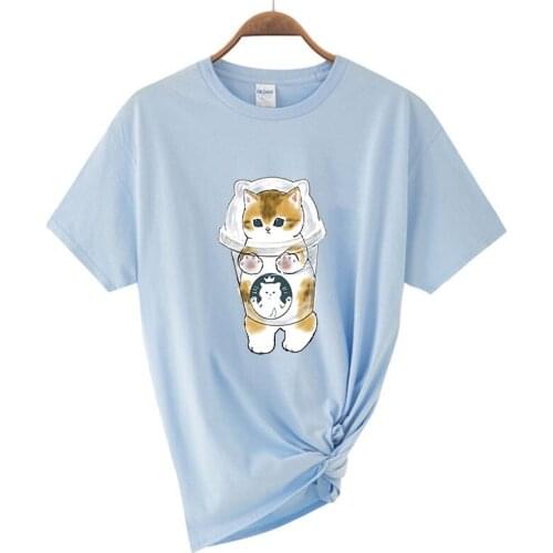Summer Funny T-shirt Top Cute Milk Tea Cup Graphic T-shirt Womens Harajuku Black Starlight Cat Milk Tea Cup Female T-shirt Top
