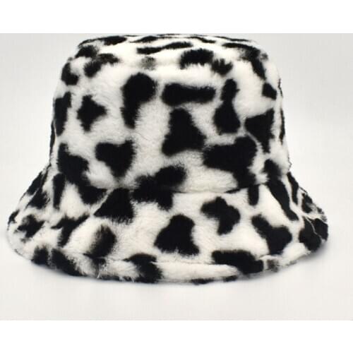 Fashion Winter Faux Fur Bucket Hats for Women Girl Cow Print Plush velvet Warm Panama Black White Fisherman bucket Hats Bob