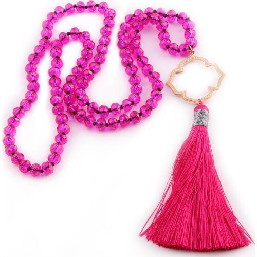 MOODPC Fashion Bohemian Tribal RusticArtisan Jewelry Fuchsia Crystal Glass Beads Knotted Flower Tassel Pendant Necklace
