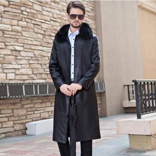 Autumn winter mens leather coats slim Plus cashmere Fox fur collar motorcycle trench coat men fashion clothes jaqueta de couro