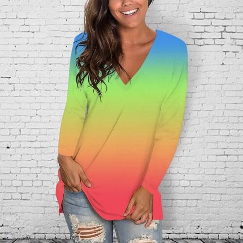 Autumn T-Shirts For Women Casual Long Sleeve Tie-dye Gradient Pullover Tops Plus Size V-Neck Basic Tee T-shirt Women Clothing